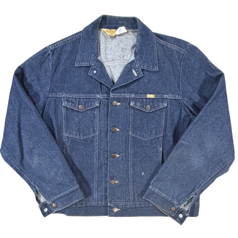 70s Rustler Denim Trucker Jacket VTG Mens XL Dark Blue Western Workwear Rugged